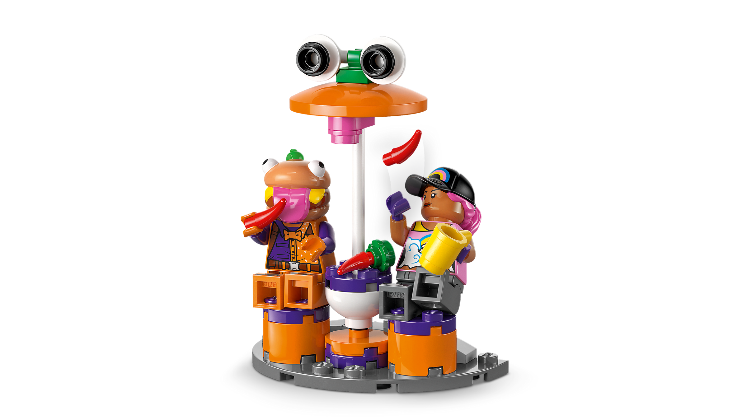 LEGO set with two characters and a stand on a white background