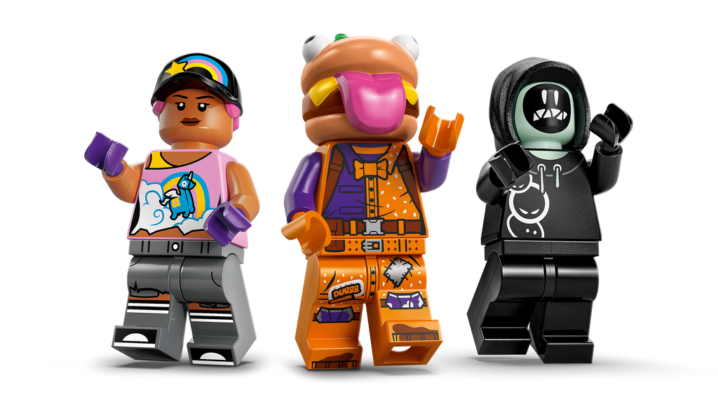 Three colorful LEGO minifigures on a white background