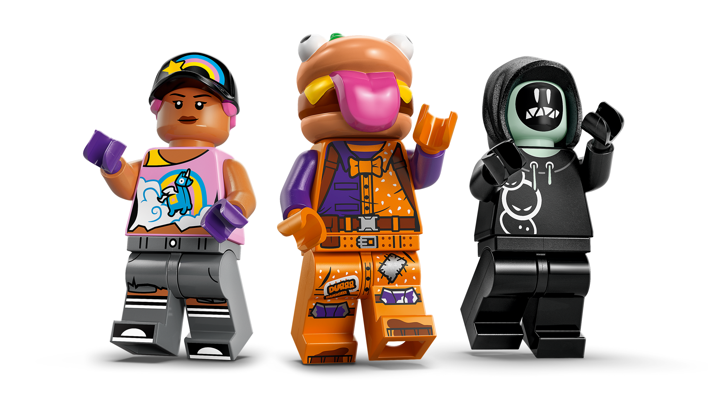 Three colorful LEGO minifigures on a white background