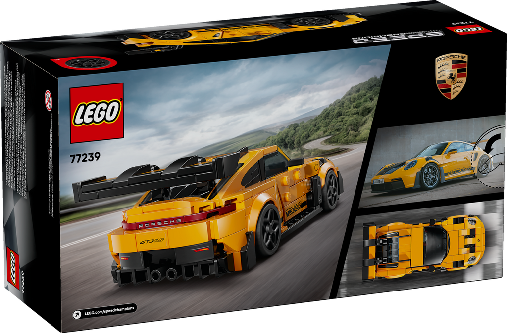 LEGO Porsche 911 GT3 RS building set packaging with yellow sports car on a road