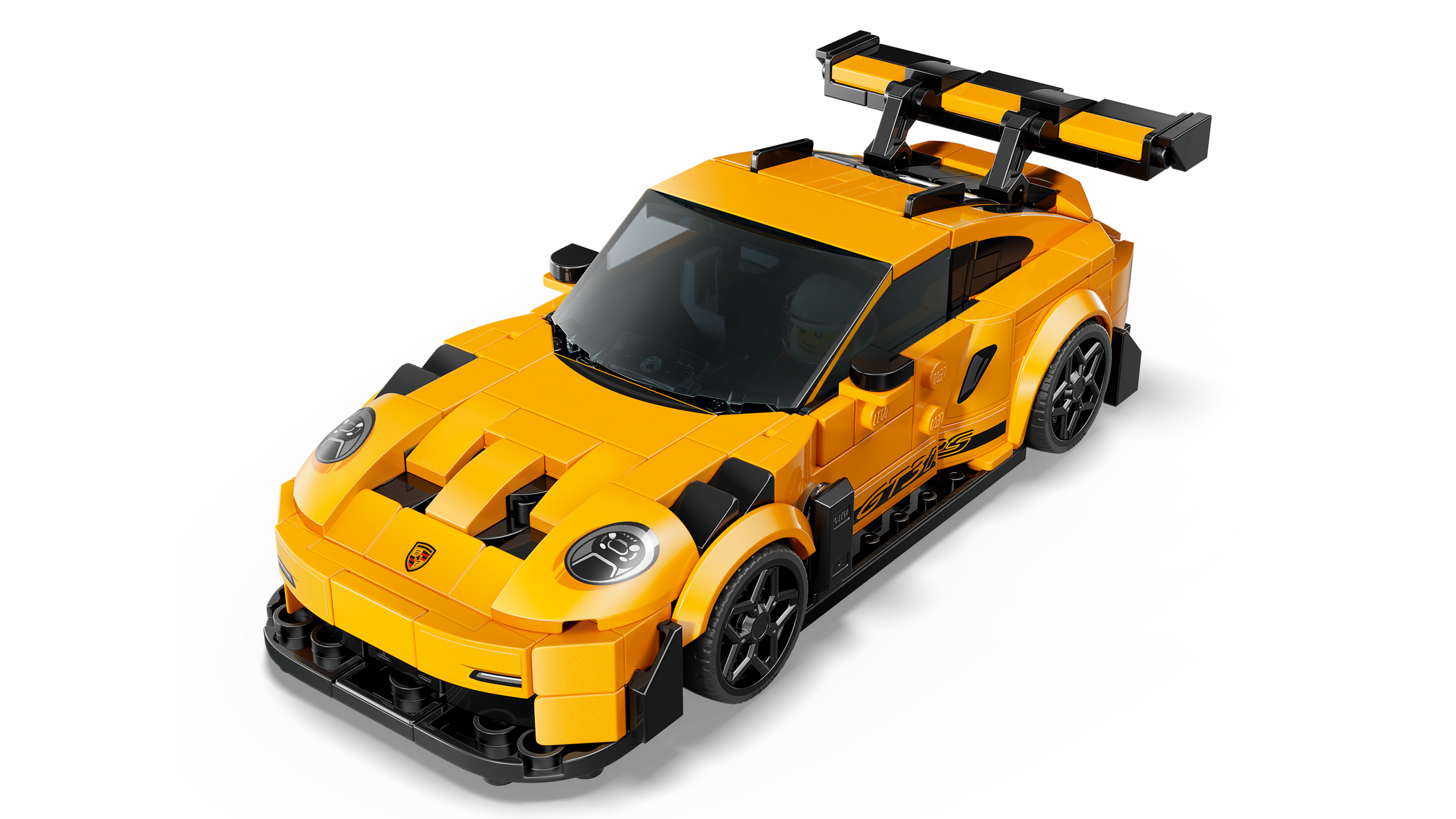 Yellow toy sports car with black details on a white background