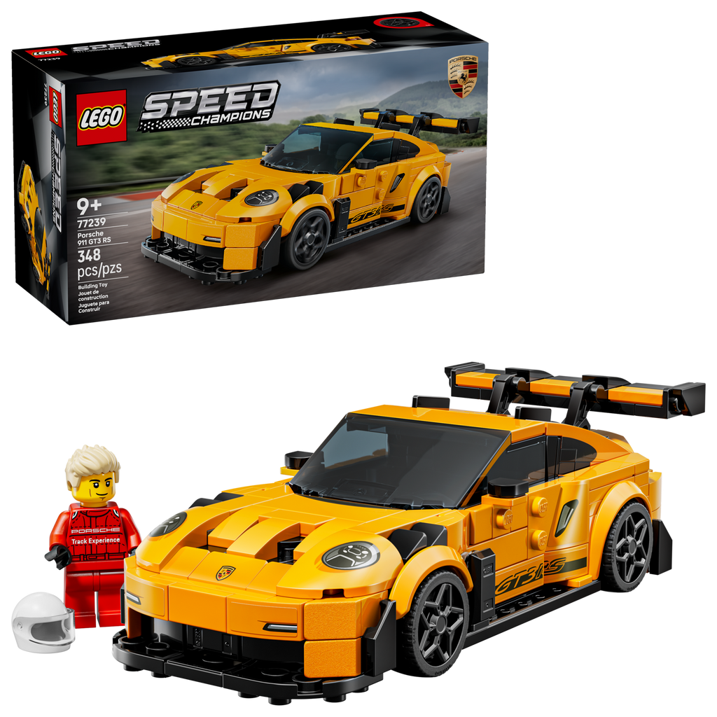LEGO Speed Champions Porsche car set with packaging and figures on a white background