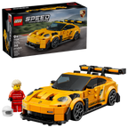 LEGO Speed Champions Porsche car set with packaging and figures on a white background