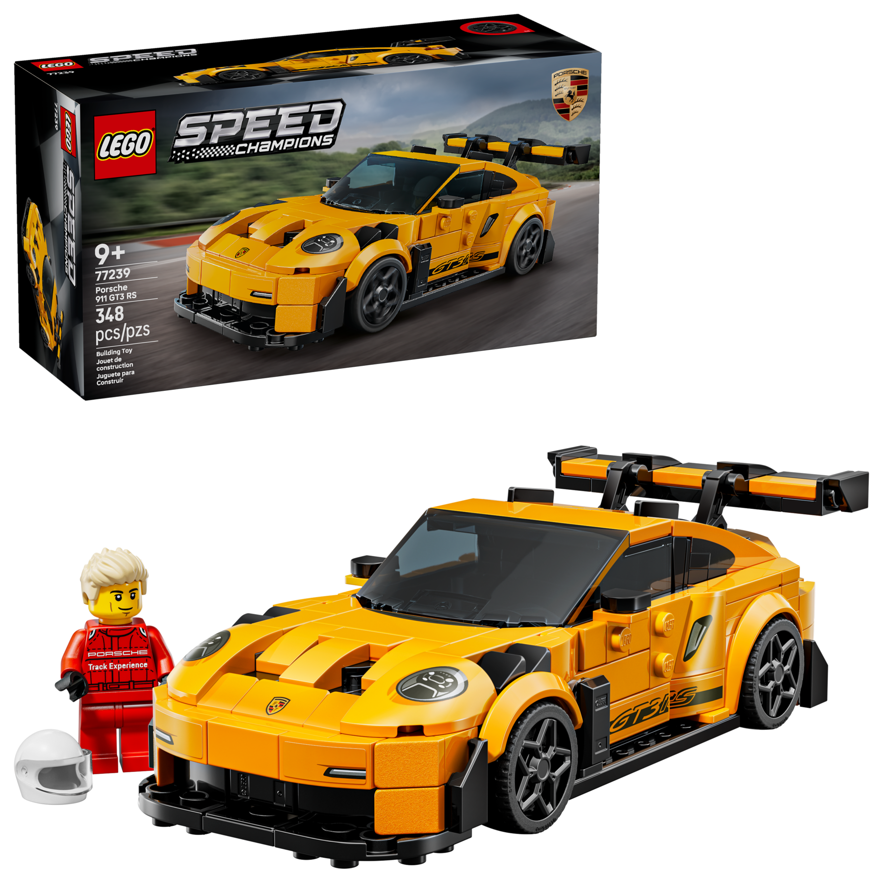 LEGO Speed Champions Porsche car set with packaging and figures on a white background