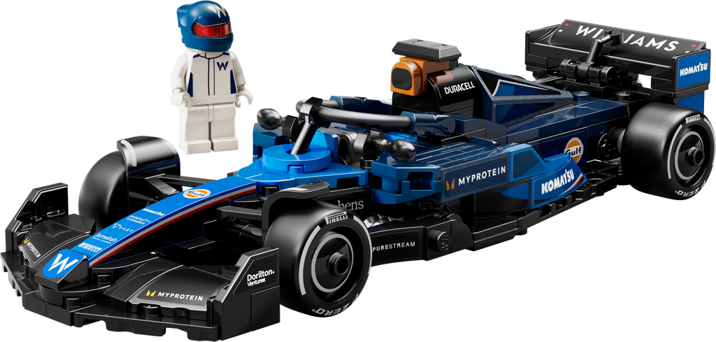 Toy Formula 1 car with driver figure on a white background