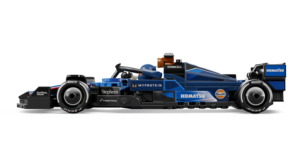 Side view of a blue and black racing car model on a white background