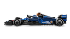 Side view of a blue and black racing car model on a white background
