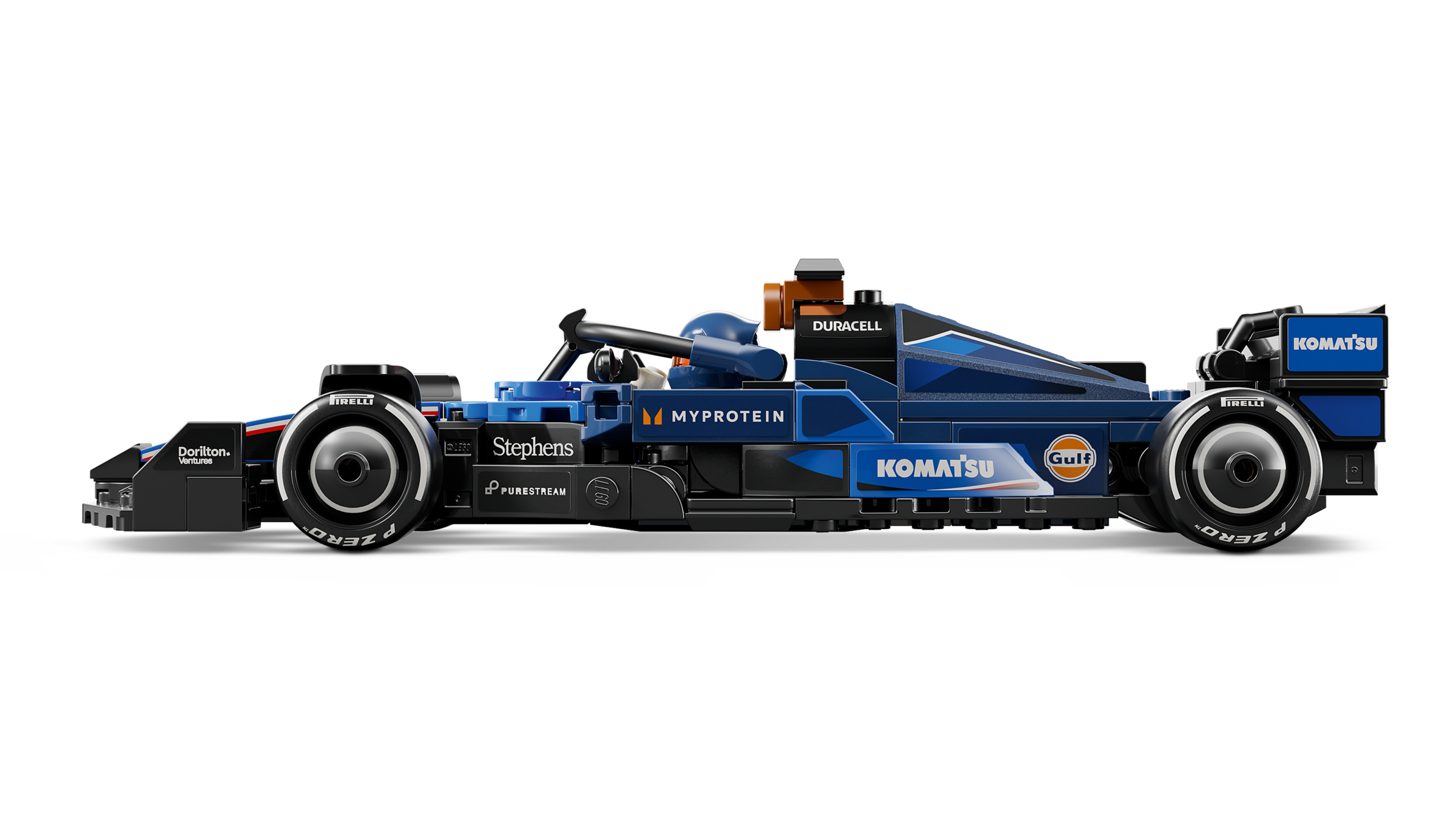 Side view of a blue and black racing car model on a white background