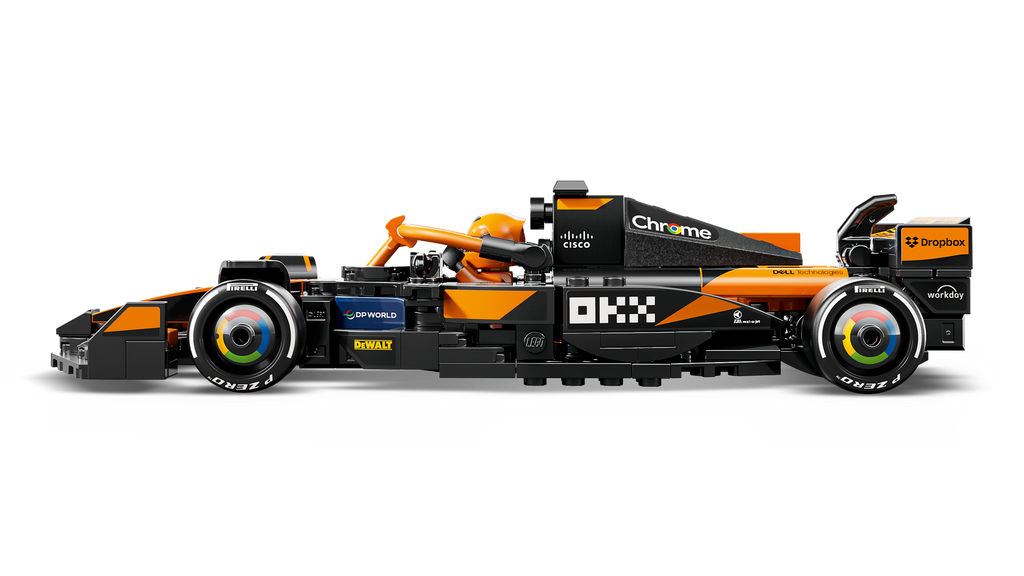 Black and orange Formula 1 car with visible branding on a white background