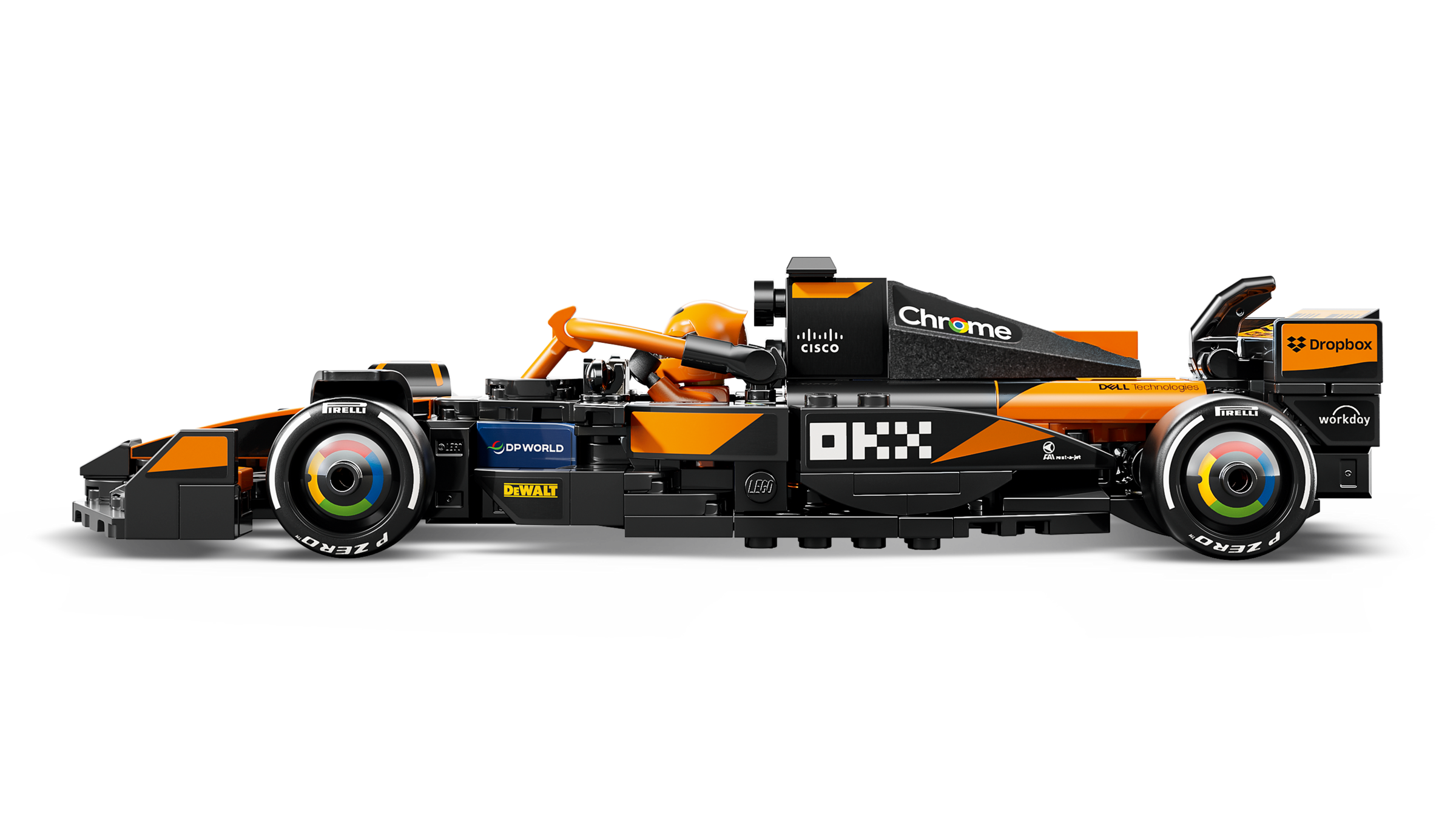 Black and orange Formula 1 car with visible branding on a white background