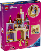 LEGO Disney Princess castle building set box, showing the assembled purple and beige castle with minifigures on a bright pink background.