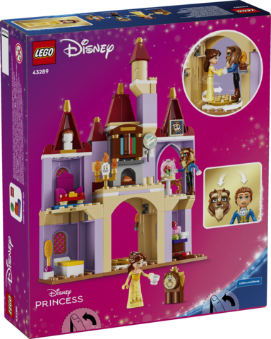 LEGO Disney Princess castle building set box, showing the assembled purple and beige castle with minifigures on a bright pink background.