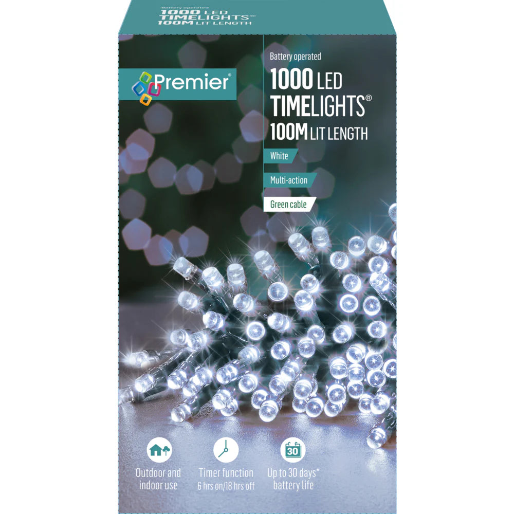 Premier 1000 LED Battery Xmas Lights – White/Multi, 100M, Timer-Controlled