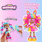 Animakii switch swap dolls with colorful hair and outfits on a pink background