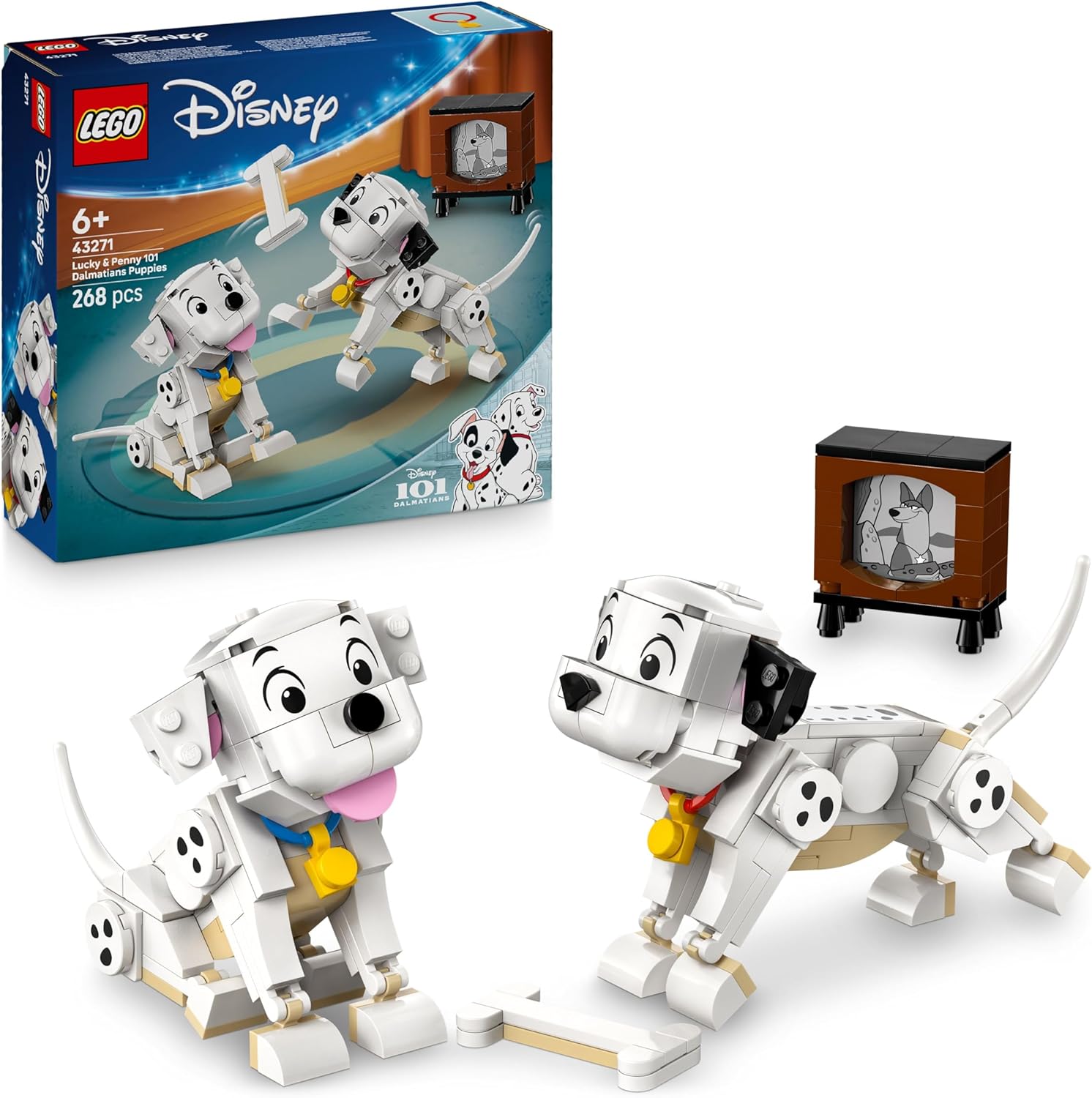 LEGO Disney building set with two dogs and packaging on a white background