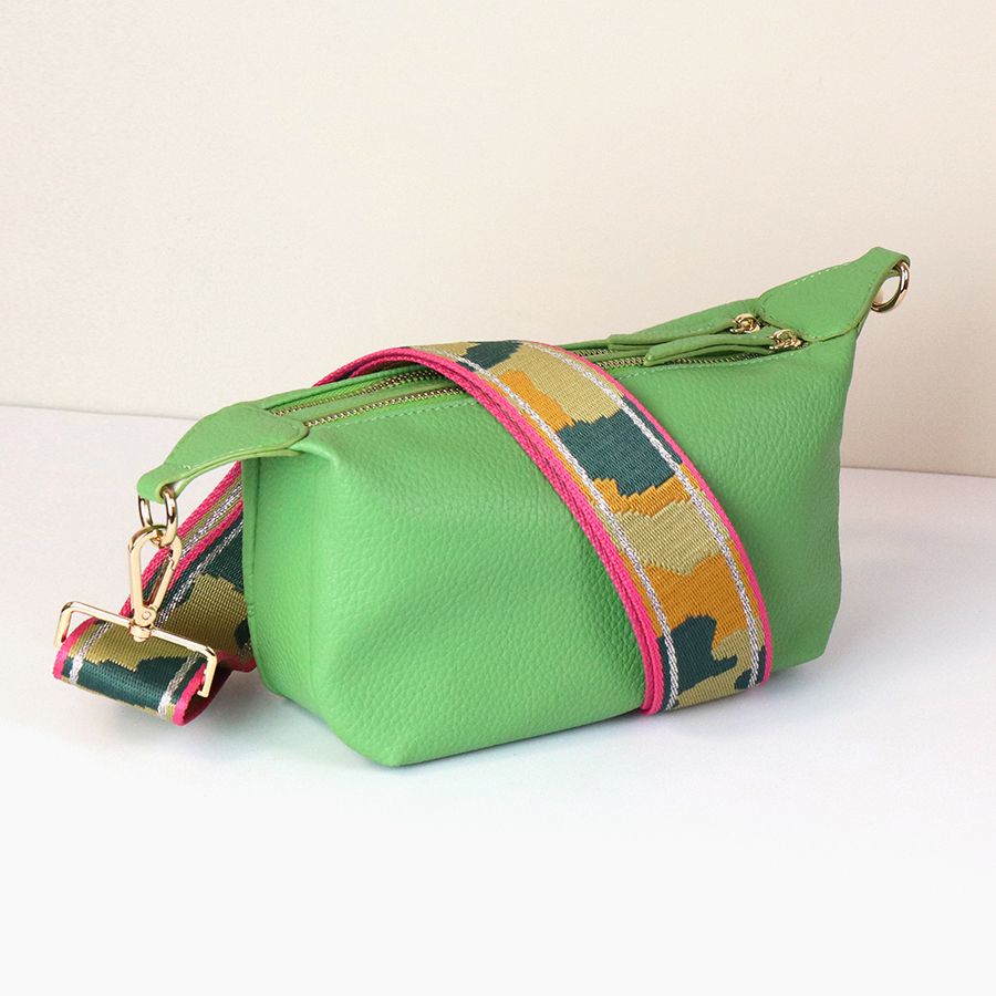 Pea green Vegan Leather double zip bag with camo strap - Flemings Department Store