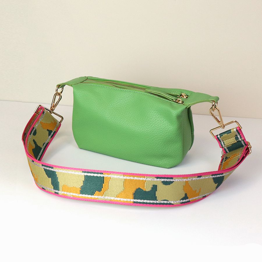 Pea green Vegan Leather double zip bag with camo strap - Flemings Department Store