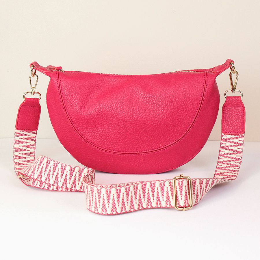 Pink Vegan Leather half moon bag with zig-zag strap - Flemings Department Store