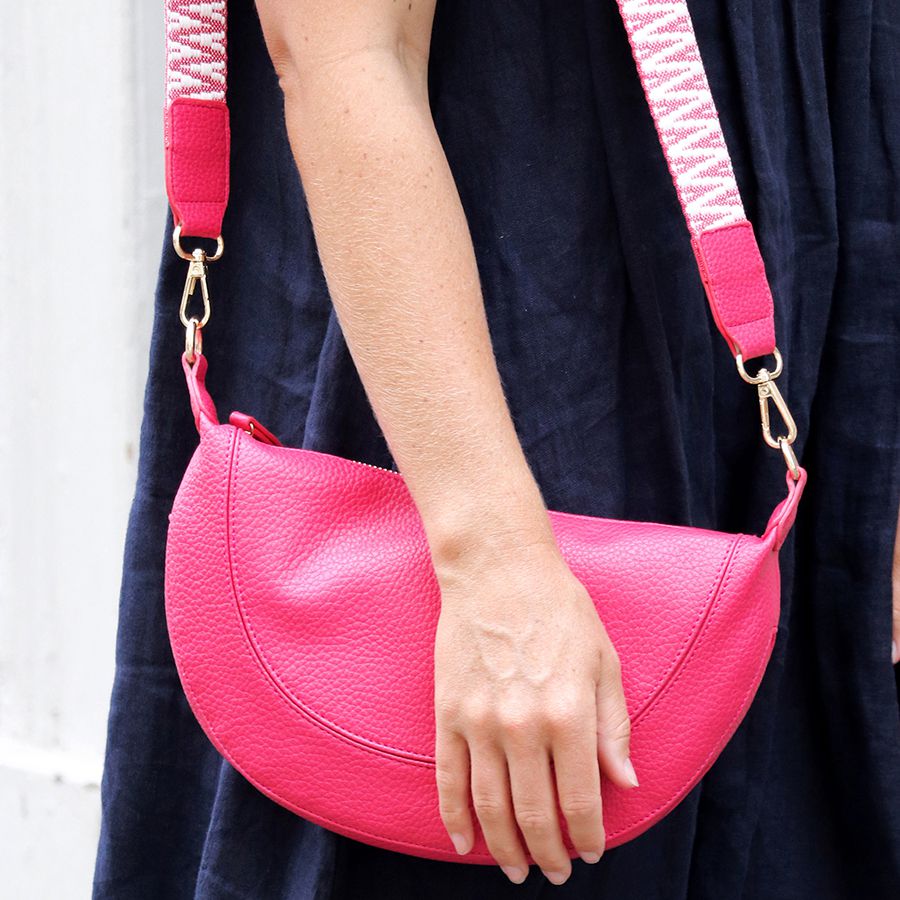 Pink Vegan Leather half moon bag with zig-zag strap - Flemings Department Store
