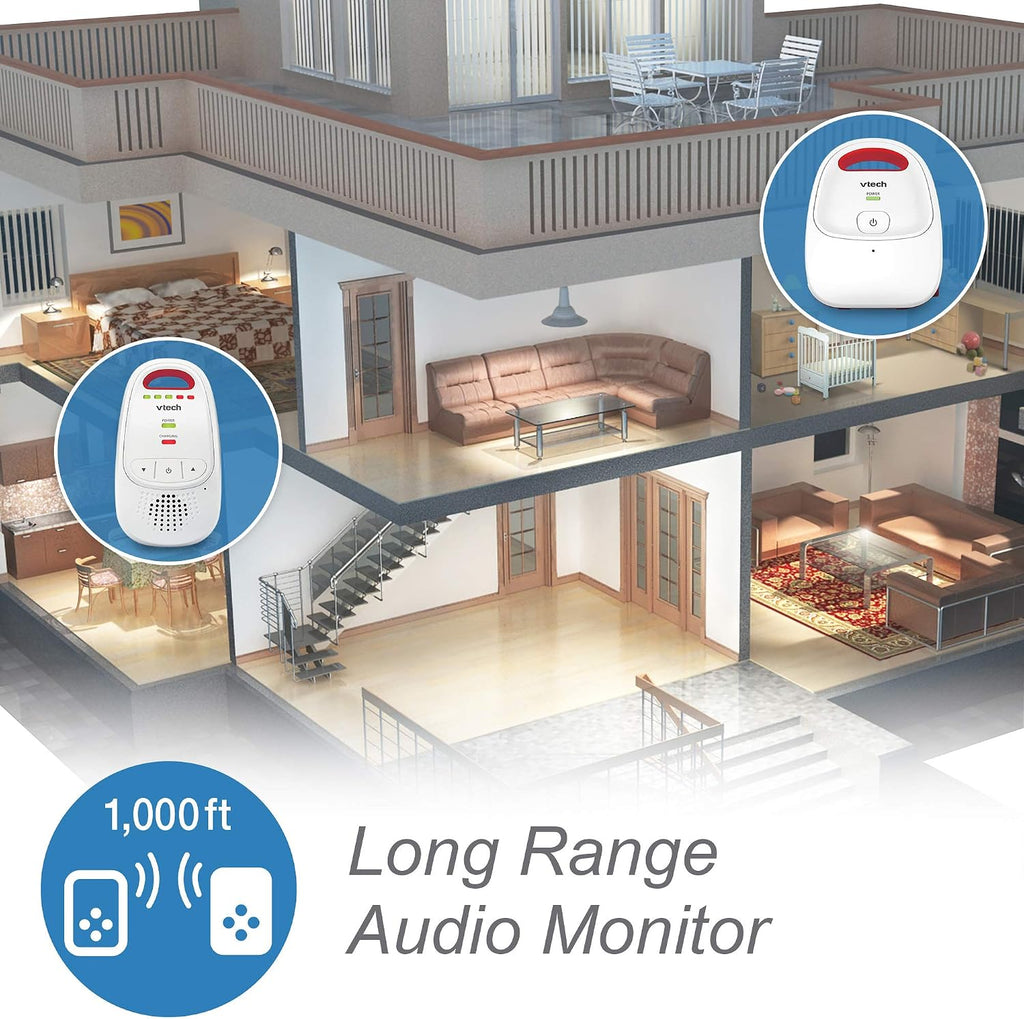 Model of a house with a long-range audio monitor device shown, indicating its coverage area.