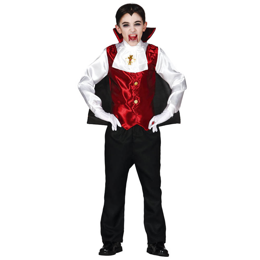Child wearing a vampire costume with a red vest and black pants on a white background