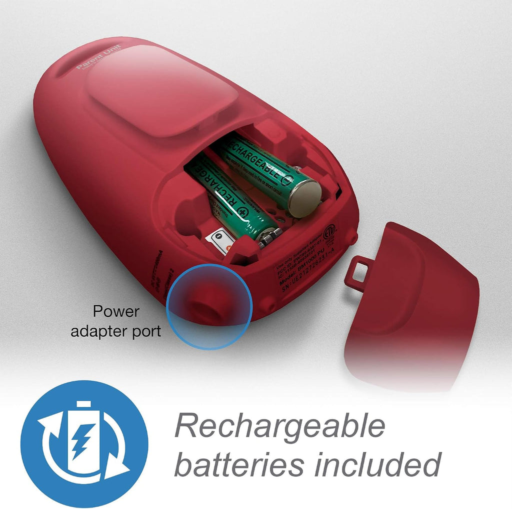Red electronic device with rechargeable batteries included on a light gray background