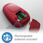Red electronic device with rechargeable batteries included on a light gray background