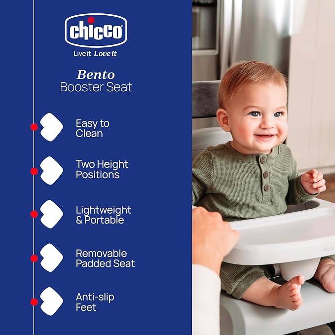 Chicco Bento Booster Seat with child using the seat, features listed on the left.