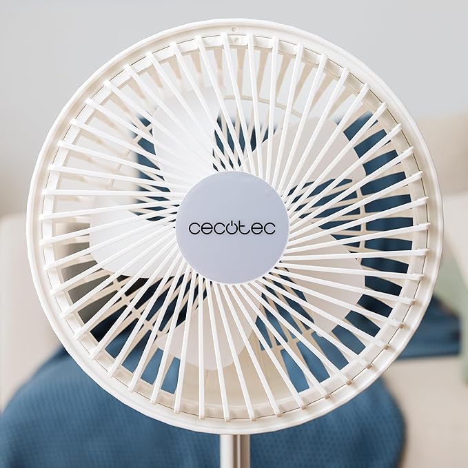 Cecotec EnergySilence 800 Foldable Fan in White with 'cecotec' logo on a blurred background