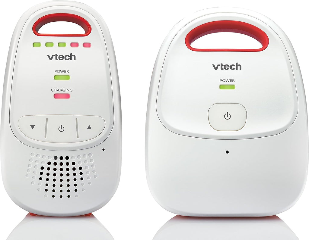 Two white VTech baby monitor and receiver devices shown side by side on a clean white background, with red carrying handles and front control buttons.