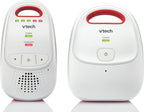 Two white VTech baby monitor and receiver devices shown side by side on a clean white background, with red carrying handles and front control buttons.