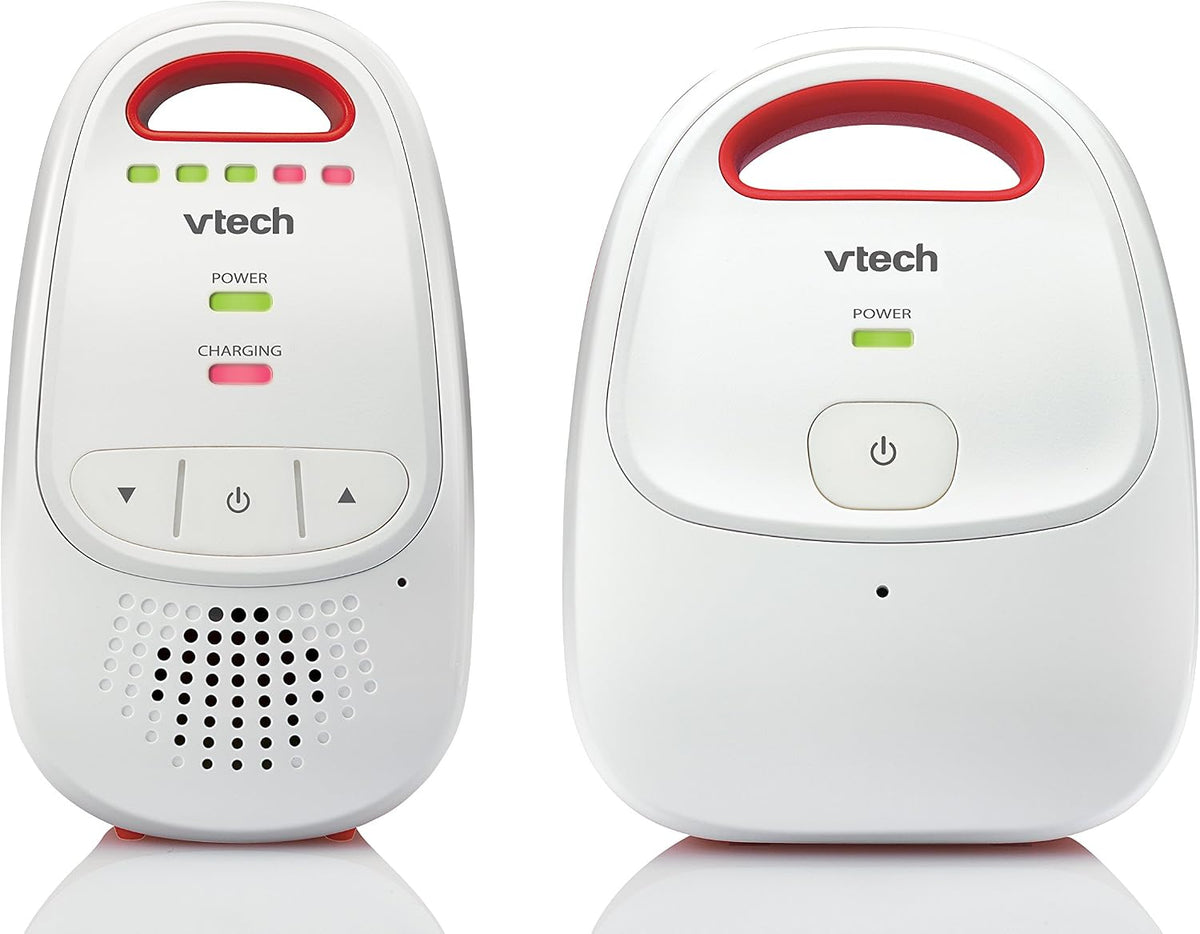 Two white VTech baby monitor and receiver devices shown side by side on a clean white background, with red carrying handles and front control buttons.
