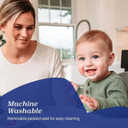 Woman holding a baby with a machine washable product in the foreground