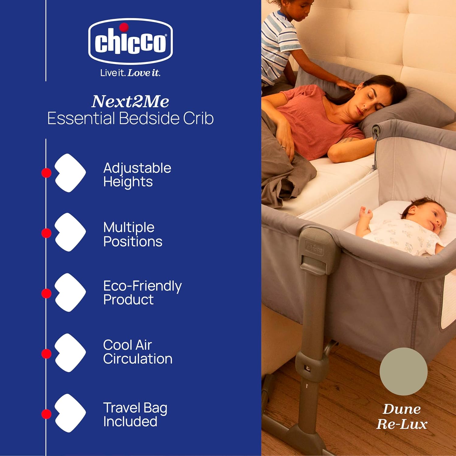 Chicco Next2Me Essential Side-Sleeping Crib – Dune Re-Lux Bedside Crib