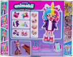 Boxed animakii doll with interchangeable parts and accessories on a pink background