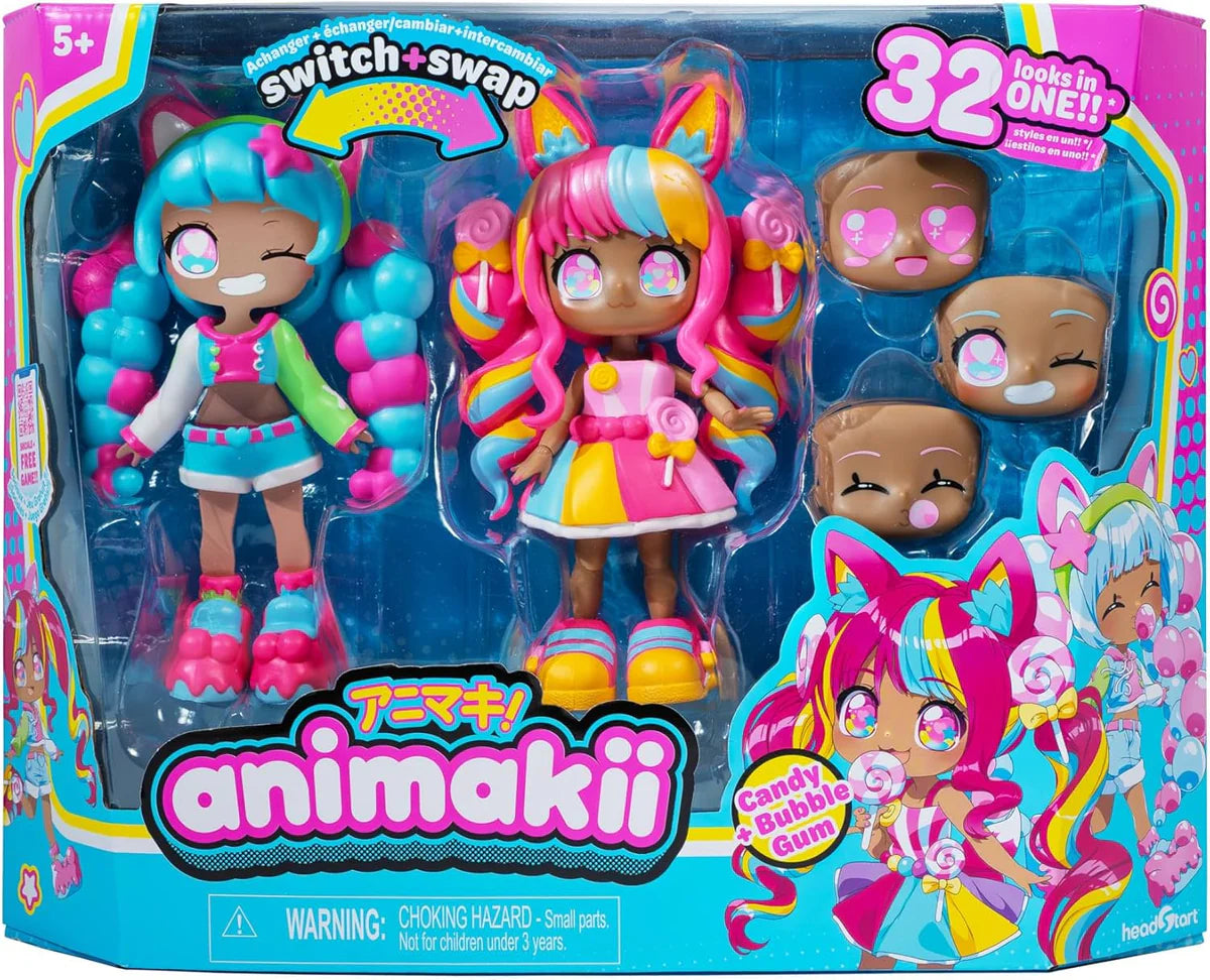 Packaged Animakii dolls with colorful hair and outfits, featuring the brand name on a blue background.