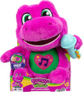 Pink plush toy with a microphone, featuring a heart design and 'Barney's World' branding.