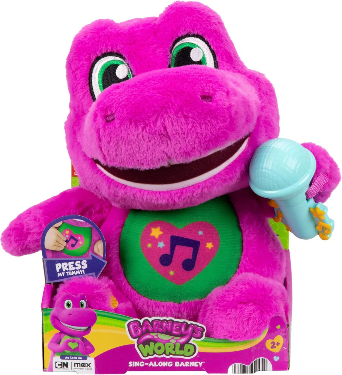 Pink plush toy with a microphone, featuring a heart design and 'Barney's World' branding.