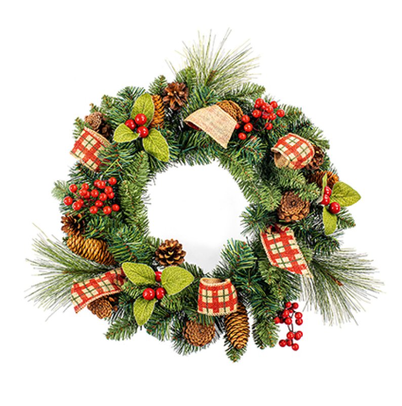 Premier 50cm Natural Berry Christmas Wreath with Tartan Ribbon