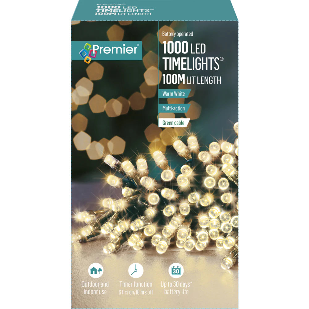 Premier 1000 LED Battery Xmas Lights – White/Multi, 100M, Timer-Controlled