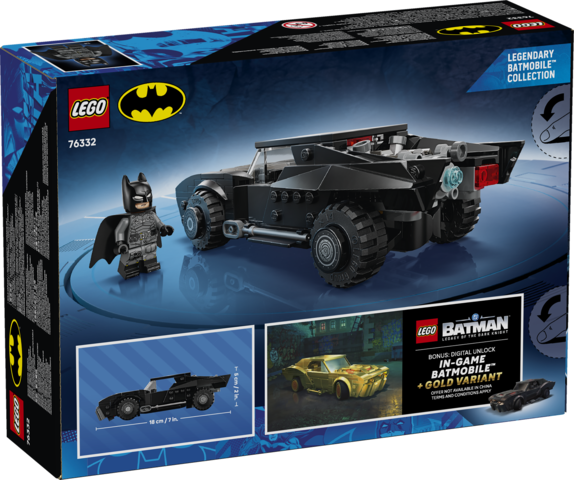 LEGO Batman The Dark Knight Collection 76332 Batmobile building set box, showing the assembled black Batmobile, Batman minifigure, and promotional inset images on the front packaging.