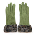 Pair of green gloves with leopard print cuffs on a white background