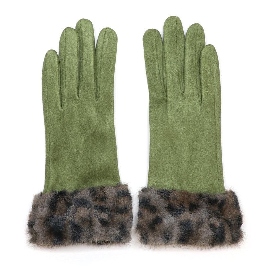 Pair of green gloves with leopard print cuffs on a white background