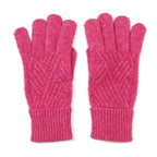 A pair of bright pink cable-knit gloves with ribbed cuffs, displayed flat against a white background.
