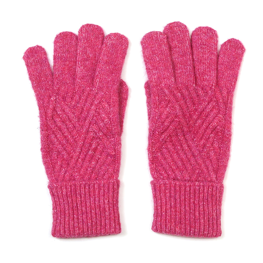 A pair of bright pink cable-knit gloves with ribbed cuffs, displayed flat against a white background.