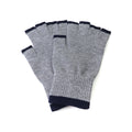 A set of five gray fingerless knit gloves with dark navy blue trim at the fingertips and cuffs, arranged on a plain white background.