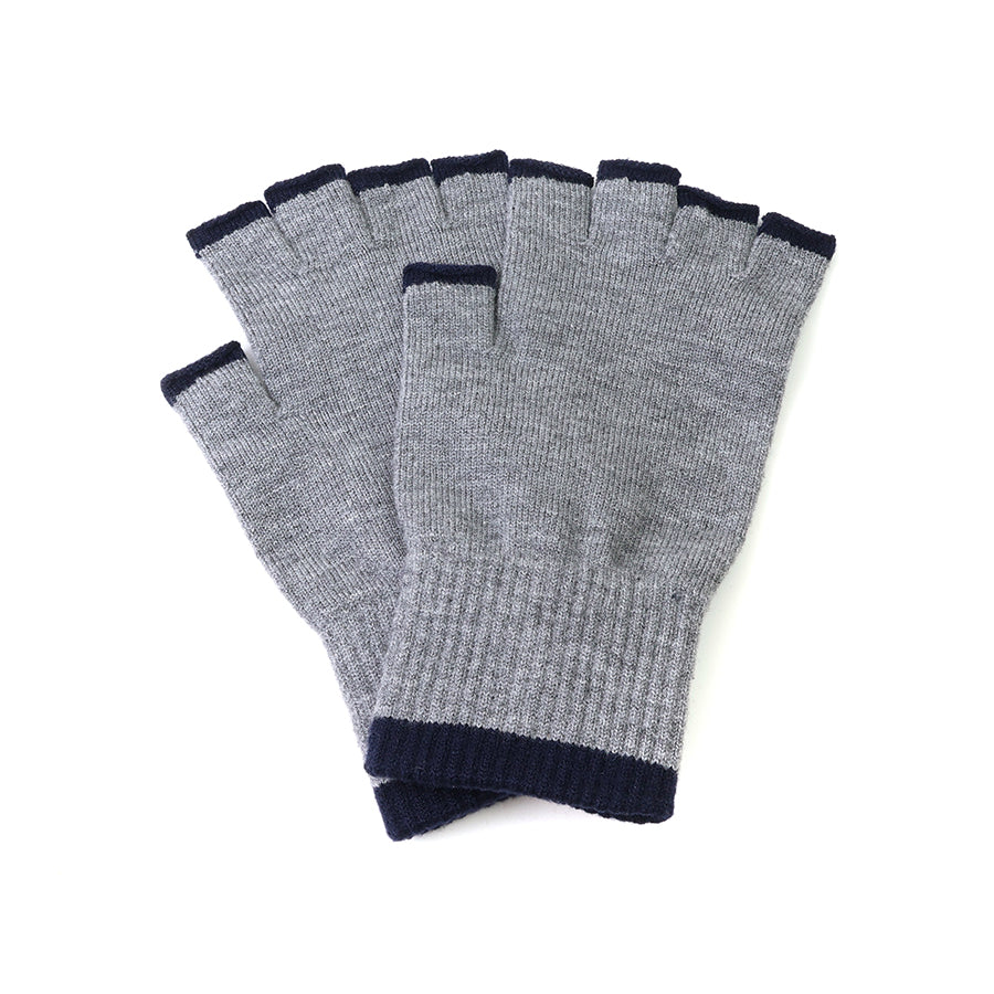 A set of five gray fingerless knit gloves with dark navy blue trim at the fingertips and cuffs, arranged on a plain white background.