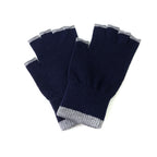 A pair of navy blue fingerless knit gloves with contrasting light gray ribbed trim at the fingertips and cuffs, displayed on a clean white background.