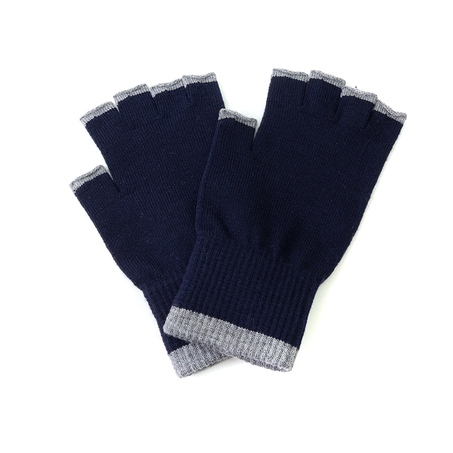 A pair of navy blue fingerless knit gloves with contrasting light gray ribbed trim at the fingertips and cuffs, displayed on a clean white background.