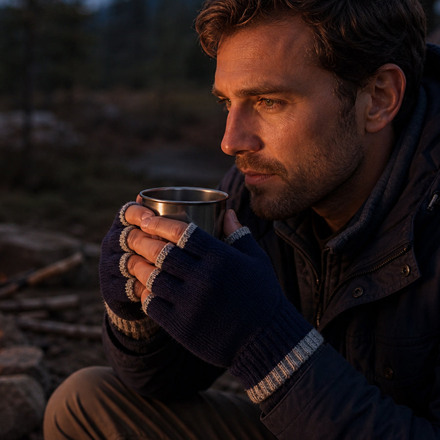 A man in a dark jacket wearing fingerless knit gloves with striped trim, holding a metal cup in a dim outdoor setting at dusk.